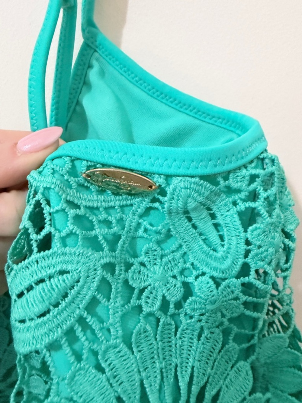 Jessica Simpson Crochet Bandeau Bikini Top with Soft Cups Lace Turquoise Size XL - Picture 5 of 6
